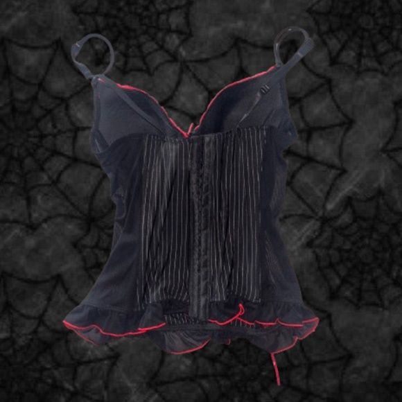 VAMPIRE BUSTIER TOP RED & GREY PINSTRIPE W/ BOWS Y2K MALL GOTH EMO - Picture 2 of 3